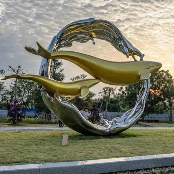 Large-scale stainless steel custom mirror hollow circular fish dolphin square garden with abstract water features