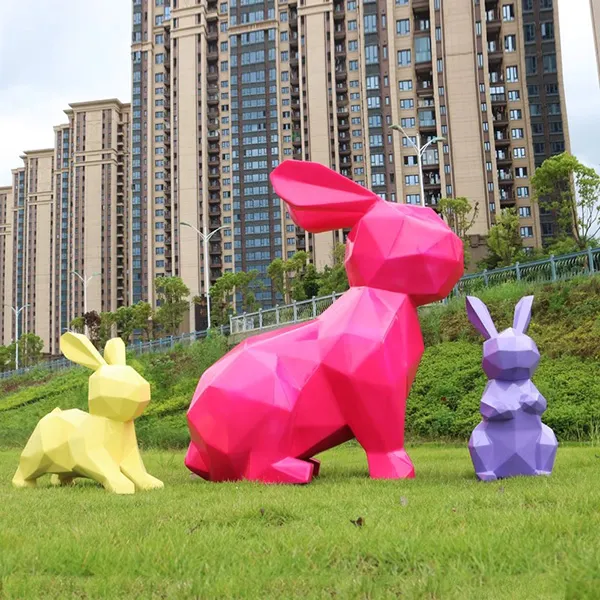Geometric cartoon rabbit fibreglass sculpture for gardens and landscaping