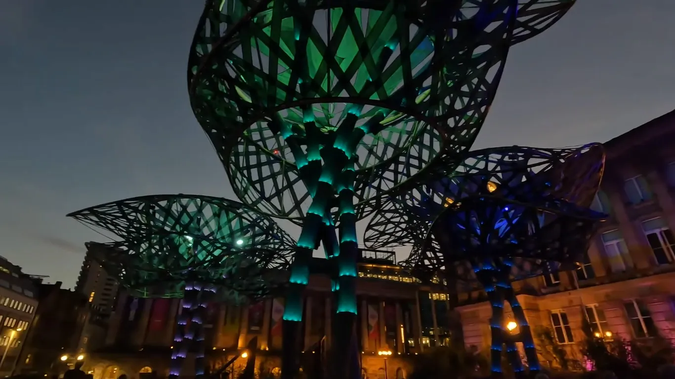 PoliNations Mother Tree sculpture in night