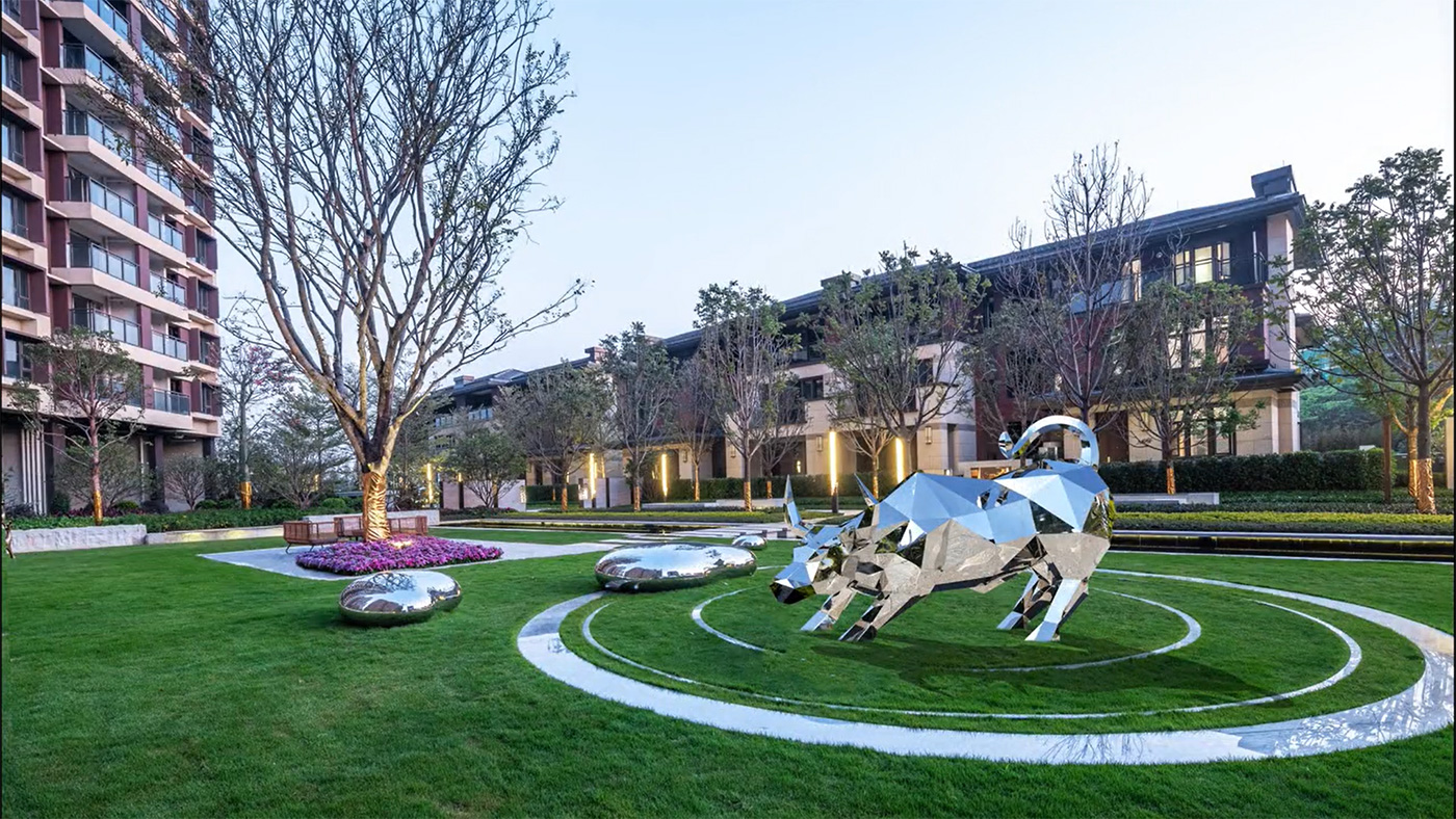 Arte geométrico de escultura de toro de Wall Street de acero en el parque del jardín