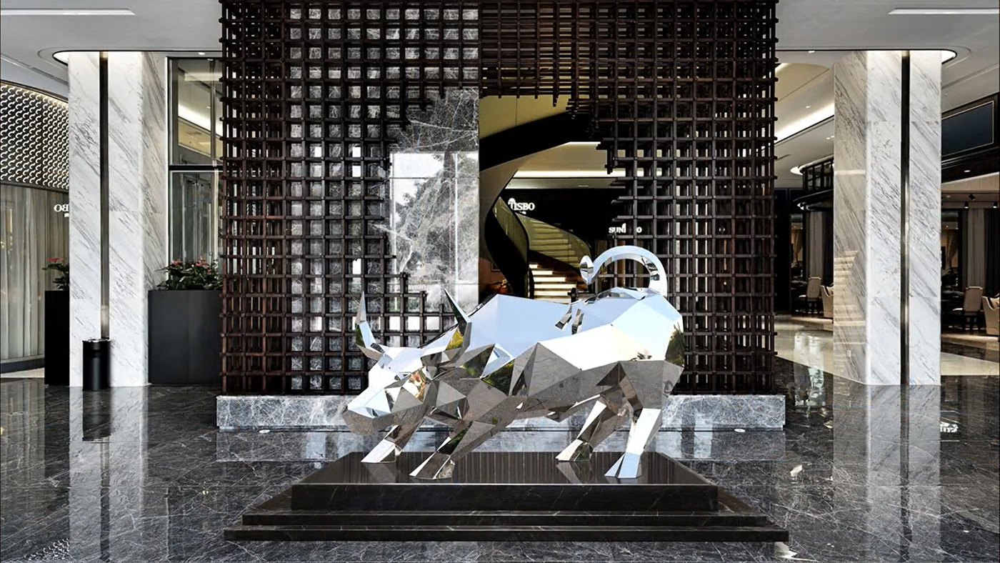 Stainless Steel Metal Wall Street Bull insculpture in the lobby