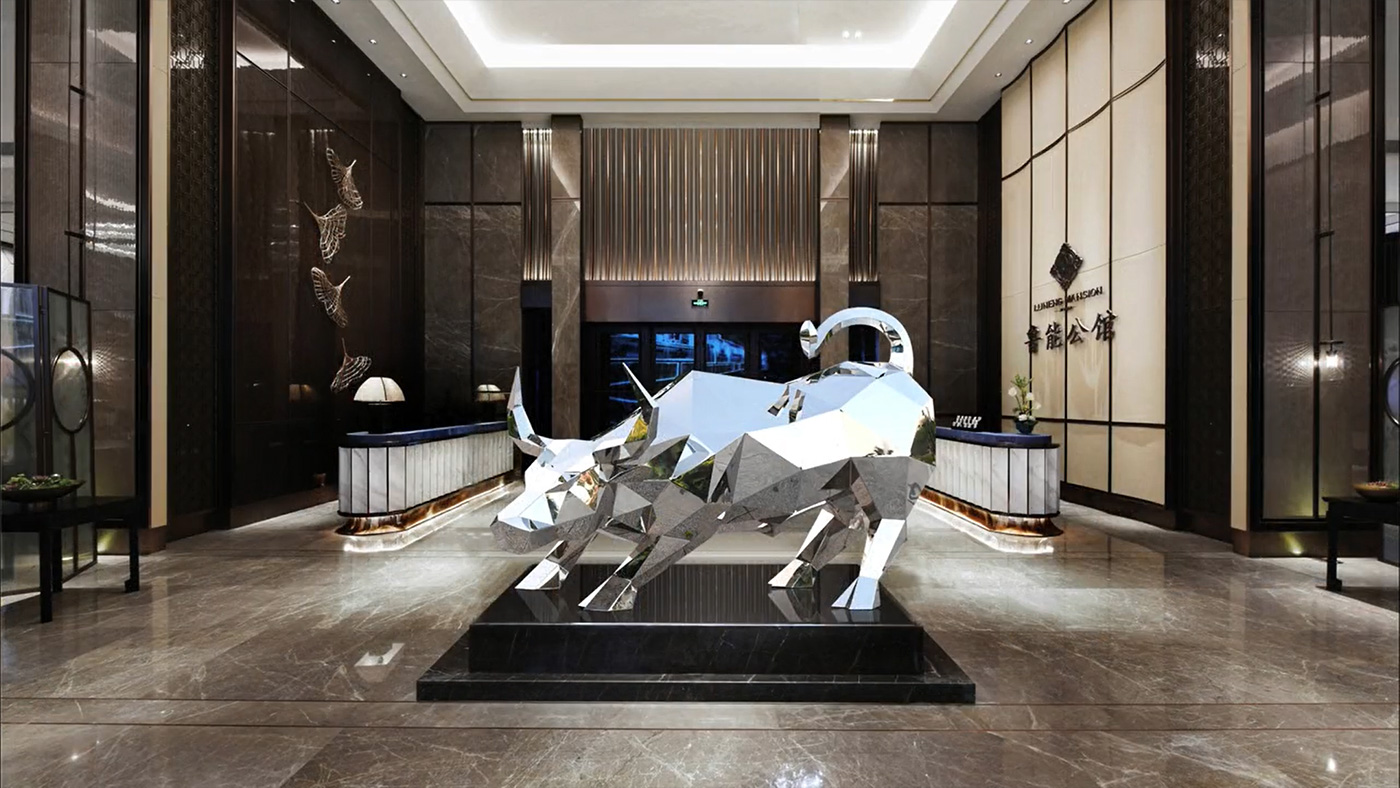 An abstract Wall Street Bull sculpture in the lobby of a financial company