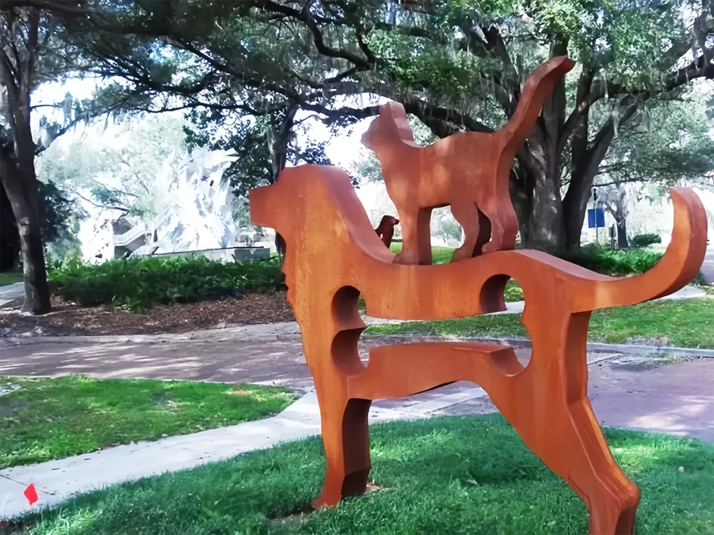 mother and child corten steel dog sculpture for park